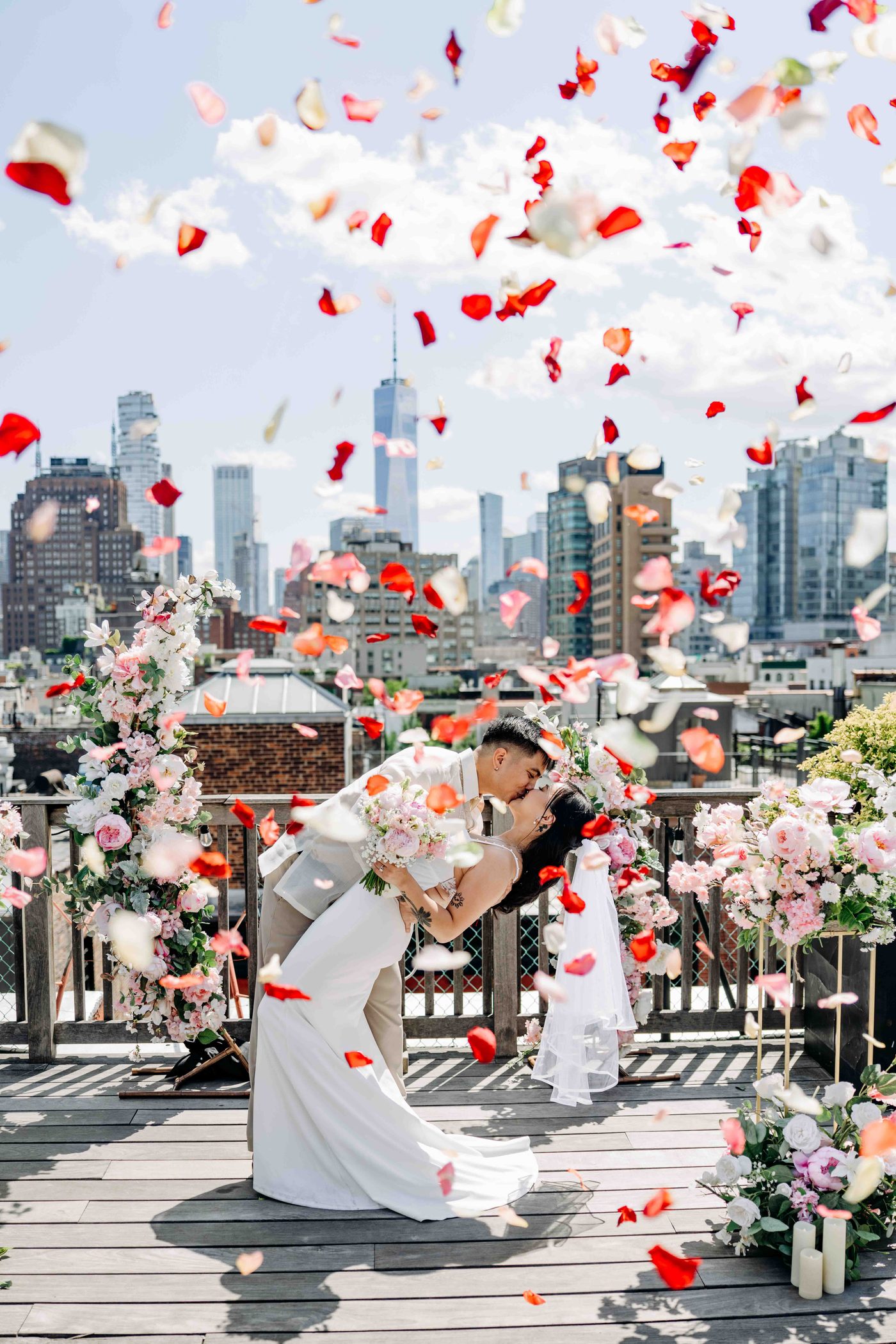 Petal toss, New York City wedding, joyful color edit