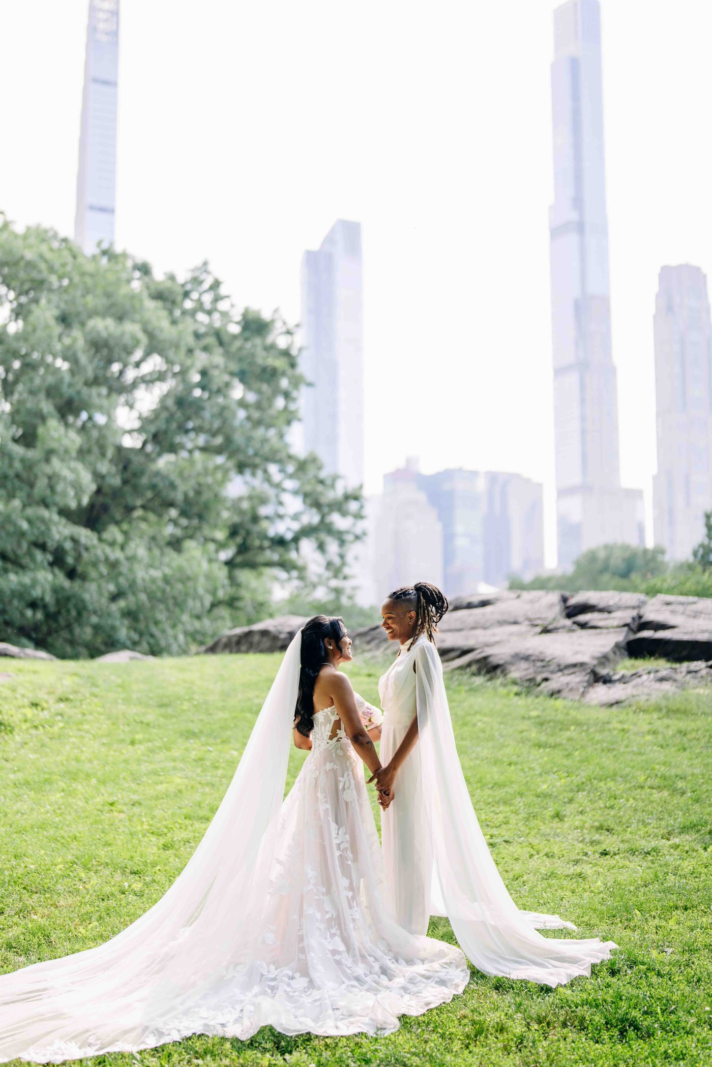Full-length bridal portrait, Central Park, black and white edit