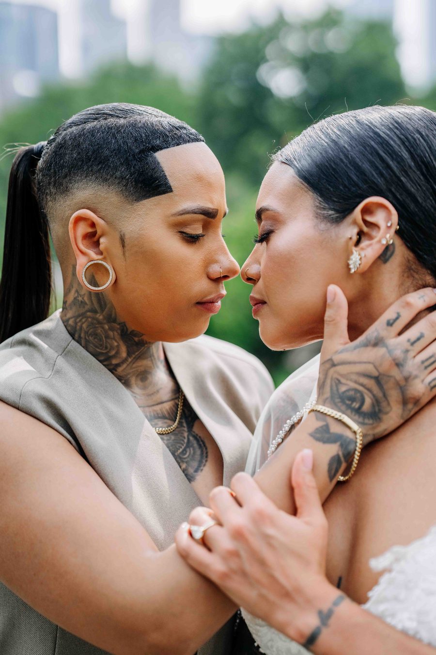Intimate forehead-to-forehead moment, soft portrait
