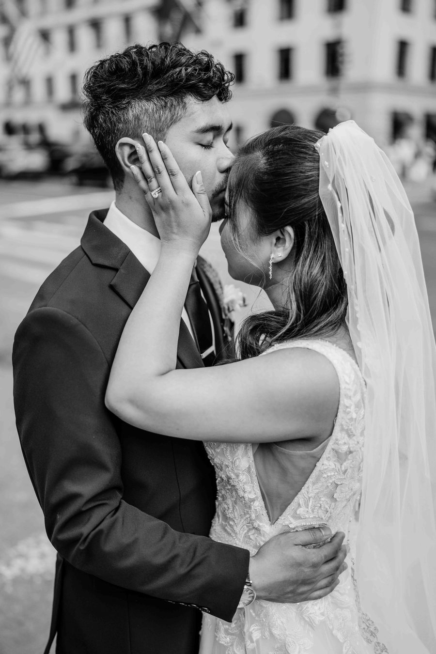 Close couple embrace, black and white edit